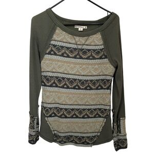RuffHewn Womens Mixed Media Fair Isle Thermal Top Olive Green Size‎ M Boho